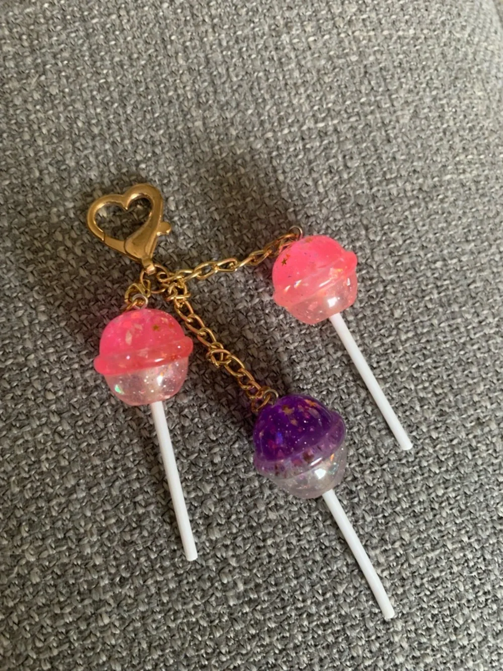 Kids Heart Clip Keychain with Pink and Purple Lollipop Charms